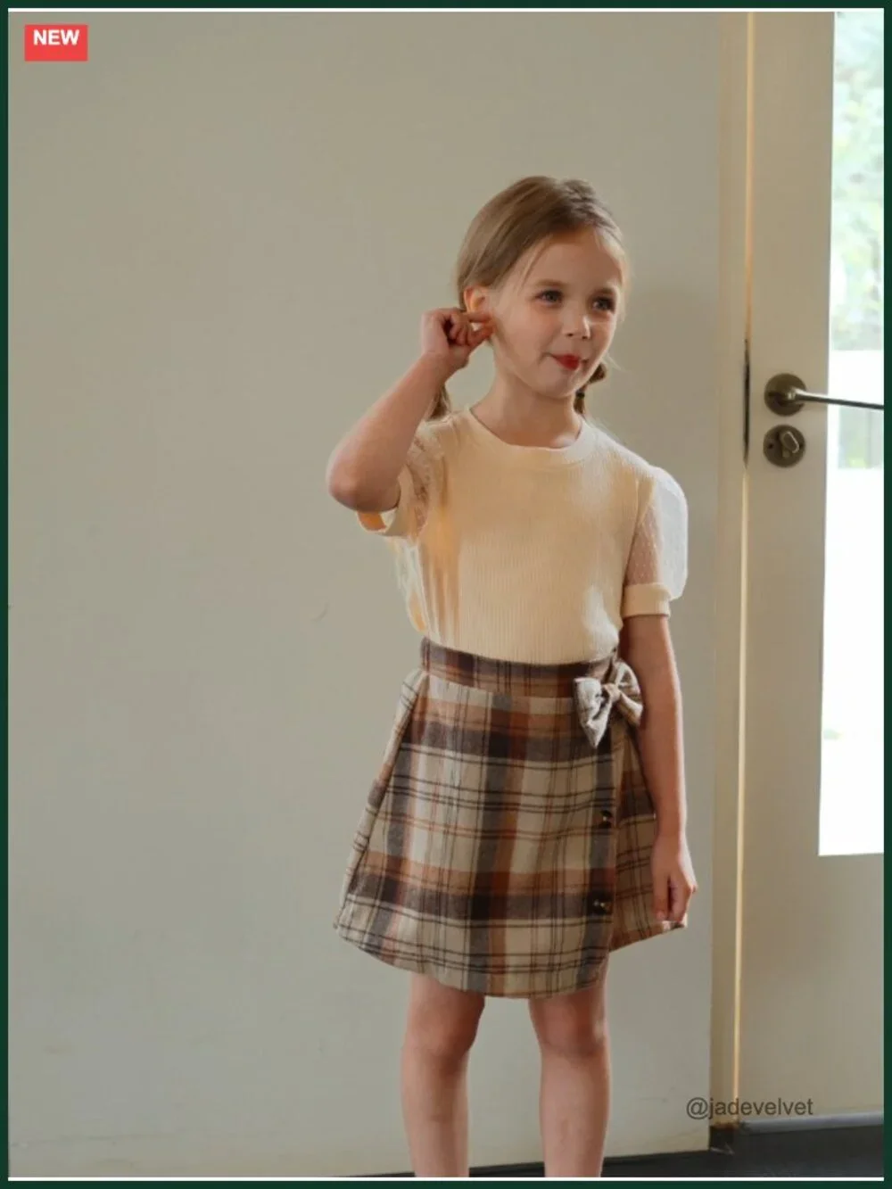 Skirt Sets Puff Sleeves T-shirt and Plaid Skirts 2 Piece Outfit Short Sleeve